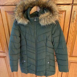 Women's Tommy Hilfiger Sz Small Green Jacket Quilted Faux Fur Trimmed Hood
